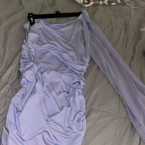 purple one shoulder dress sheer sleeve
